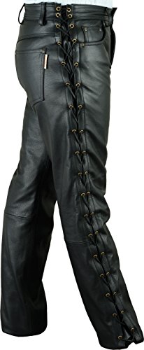 Fuente Schnürlederhose mit seitlich Schnürung- Biker Lederhose Herren Damen Bikerjeans -Schnür Lederjeans Motorrad Schnürjeans Schnürhose aus Rind Mild echt Leder Schwarz (48 EU) von Lederprofi