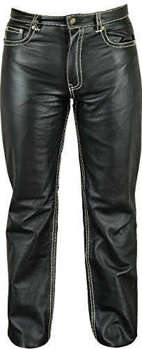 Fuente Slim Röhren Lederhose lang Herren/Damen eng- Lederjeans - Echt Leder Rind Mild Nappa mit Ziernaht Kontrast, Lederhose Jeans 501 Schwarz-Weiß- Motorrad Lederhose Lederjeans (44, Schwarz) von Lederprofi