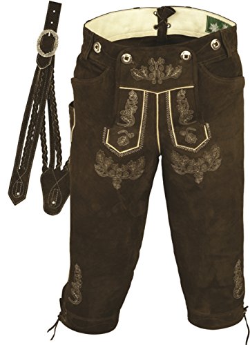 Trachtenlederhose Herren- Damen Kniebundlederhose -Trachten Lederhose mit Träger in Braun- Trachtenhose Knielang aus echt Leder Wildbock (44, Braun) von Lederprofi
