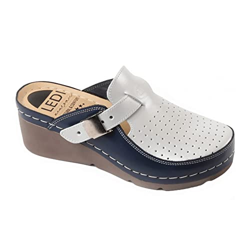 Ledi Anatomic 100-5 Lederschuhe Clog Pantolette Komfortschuhe Hausschuhe, Damen, Weiß Blau, EU 39 von Ledi