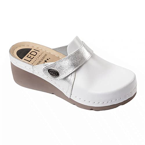 Ledi Anatomic 102-1 Lederschuhe Clog Pantolette Komfortschuhe Hausschuhe, Damen, Weißsilber, EU 40 von Ledi