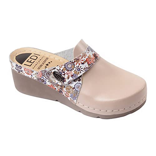 Ledi Anatomic 102-8 Lederschuhe Clog Pantolette Komfortschuhe Hausschuhe, Damen, Beige-Blume, EU 40 von Ledi