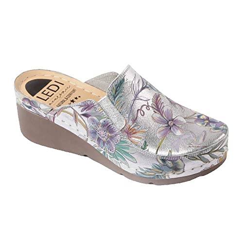 Ledi Anatomic 105-5 Lederschuhe Clog Pantolette Komfortschuhe Hausschuhe, Damen, Silber-Blume, EU 37 von Ledi