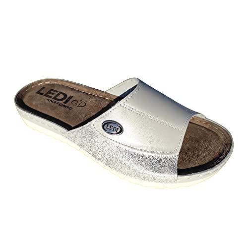 Ledi Anatomic 200-1 Lederschuhe Sandalen Sandalette Clog Pantolette Komfortschuhe Hausschuhe, Damen, Weißsilber, EU 38 von Ledi