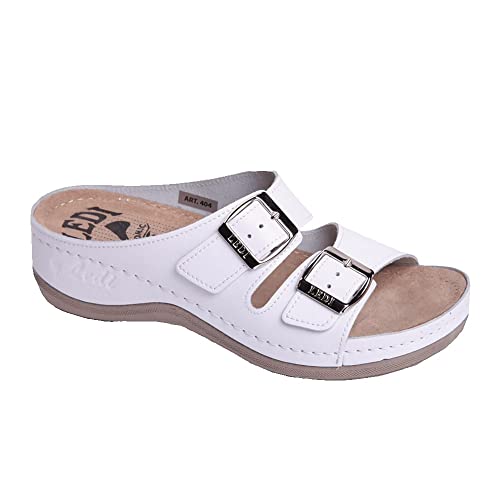 Ledi Anatomic 404-18 Lederschuhe Sandalen Sandalette Clog Pantolette Komfortschuhe Hausschuhe, Damen, Weiss, EU 36 von Ledi