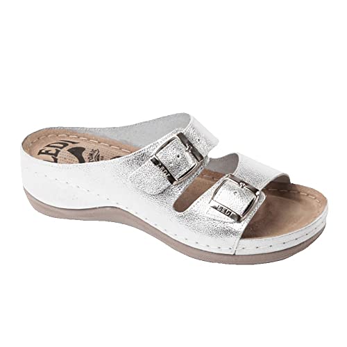 Ledi Anatomic 404-S1 Lederschuhe Sandalen Sandalette Clog Pantolette Komfortschuhe Hausschuhe, Damen, Silber, EU 37 von Ledi