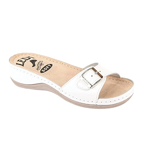 Ledi Anatomic 407-18 Lederschuhe Sandalen Sandalette Clog Pantolette Komfortschuhe Hausschuhe, Damen, Weiß, EU 37 von Ledi