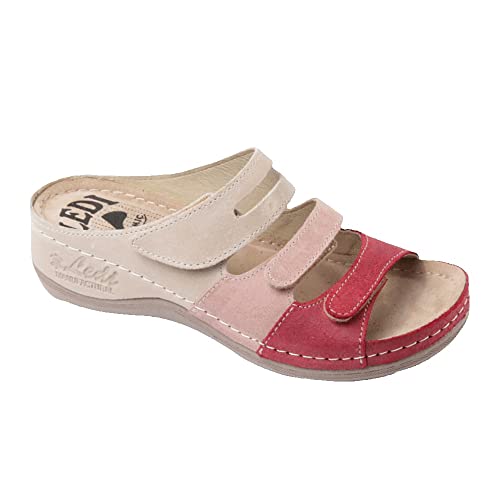 Ledi Anatomic 432-4 Lederschuhe Sandalen Sandalette Clog Pantolette Komfortschuhe Hausschuhe, Damen, Beige-Rosa-Rot, EU 38 von Ledi