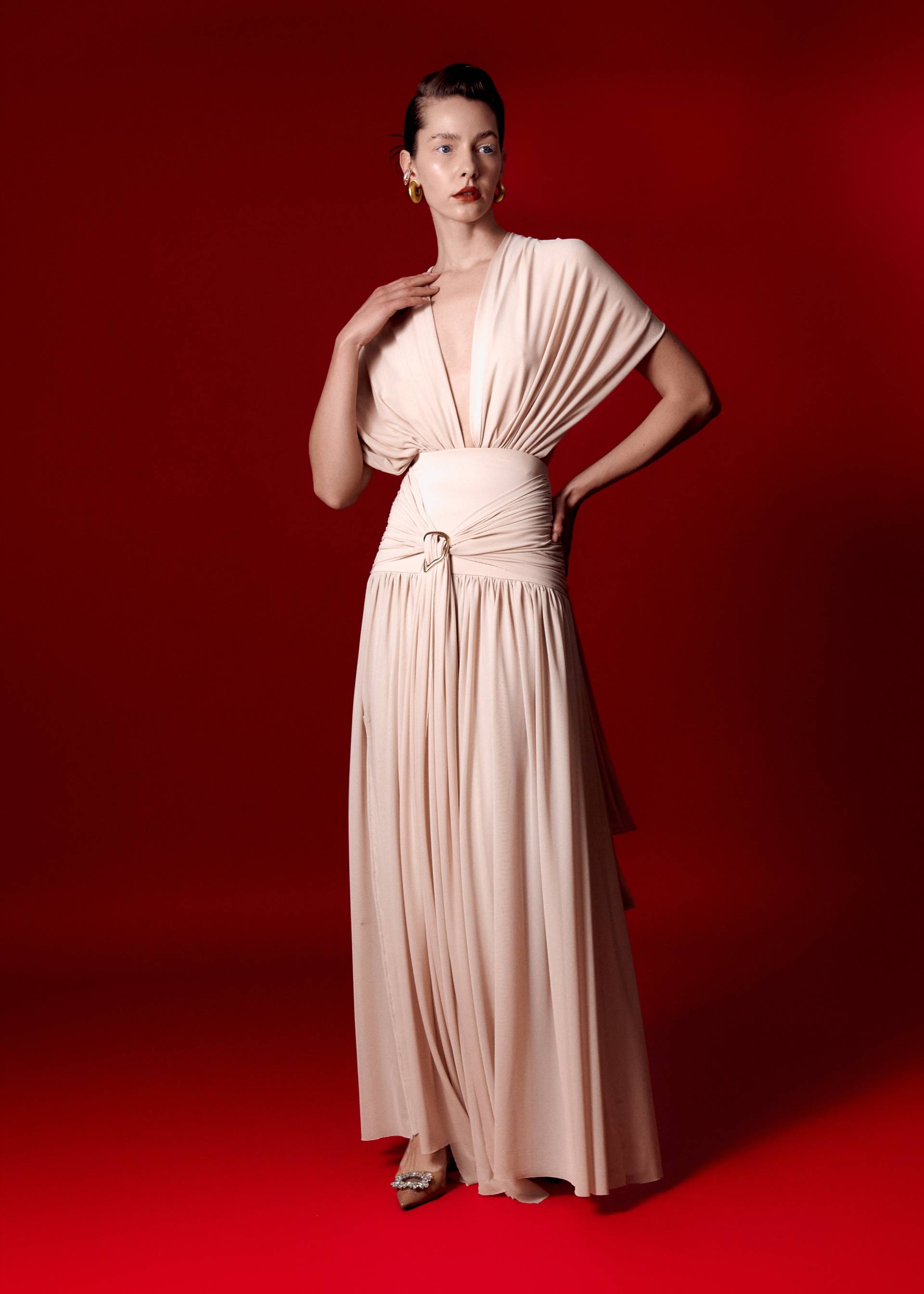 Lediel | Haiku Dress | Women's Beige Draped Maxi Dress in Knit & Mesh with Buckle Detail | Elegant Eventwear Lediel | Haiku Dress | Women's Beige Draped Maxi Dress in Knit & Mesh with Buckle Detail | Elegant Eventwear von Lediel