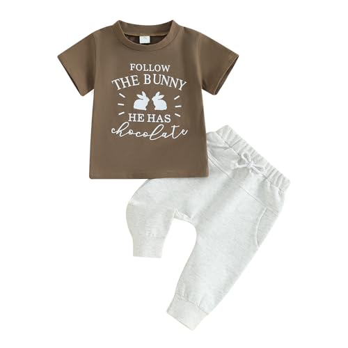 Baby Jungen Ostern Outfits Kurzarm Brief T-Shirt Tops und Jogger Hosen Kleinkind Frühling Sommer Kleidung, Coffee Follow the Bunny, 2-3 Jahre von Ledy Champswiin