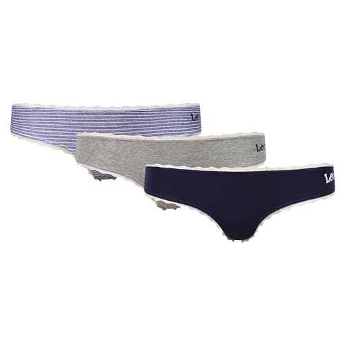 Lee Damen Womens Cotton Pack of 3 Briefs in Blue/Stripe/Grey | Soft Cotton, Stretchy & Comfortable Underwear Boxershorts, Evening Blue/Stripe/Grey Marl, von Lee
