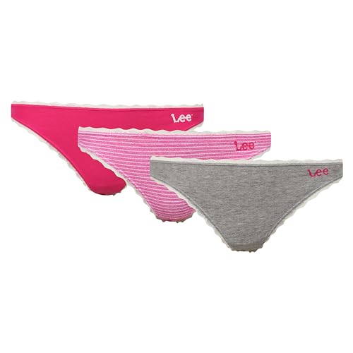 Lee Damen Womens Cotton Pack of 3 Briefs in Pink/Stripe/Grey | Soft Cotton, Stretchy & Comfortable Underwear Boxershorts, Pink Peacock/Stripe/Grey Marl, von Lee