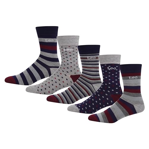 Lee Herren Mens Premium Luxury Viscose from Bamboo Giftbox Crew Socks in Grey/Navy/Stripes Herren Smart Crew Socken aus Bambus, superweich, Grey Marls/Navy/Spots and Stripes, von Lee