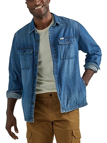 Lee Herren Workwear Loose Fit Langarm Button-Down Overshirt, Blue Denim Mid Wash, Klein von Lee
