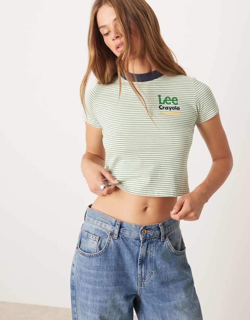 Lee x Crayola - Schmal geschnittenes Ringer-T-Shirt mit Streifen in Weiß/Grün von Lee