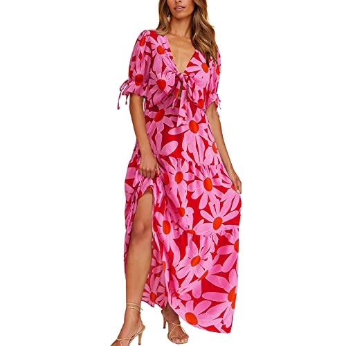 LeeCAE Damen Rüschen Kurzarm Tief V-Ausschnitt geknotete Front Maxi-langes Kleid Boho Floral Print Tiered Casual Beach Party Kleider- 3#- XL von LeeCAE