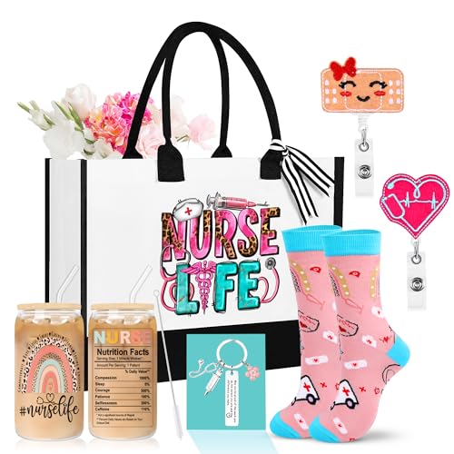 LeeSky Krankenschwester-Geschenke für Frauen, Krankenschwestern, Geschenk-Set für Frauen, Krankenschwestern, Segeltuch, Strandtasche, Socken, Schlüsselanhänger, 473 ml, Dose, Glas LeeSky Krankenschwester-Geschenke für Frauen, Krankenschwestern, Geschenk-Set für Frauen, Krankenschwestern, Segeltuch, Strandtasche, Socken, Schlüsselanhänger, 473 ml, Dose, Glas von LeeSky
