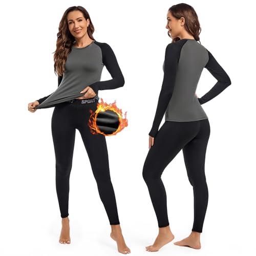 Leeboom Thermounterwäsche Damen Atmungsaktiv Funktionsunterwäsche Damen Warm und Flexibel Skiunterwäsche Damen Set mit Innenfleece für zu Hause und Wintersport (Grau + Schwarzer Hülse, XL) von Leeboom