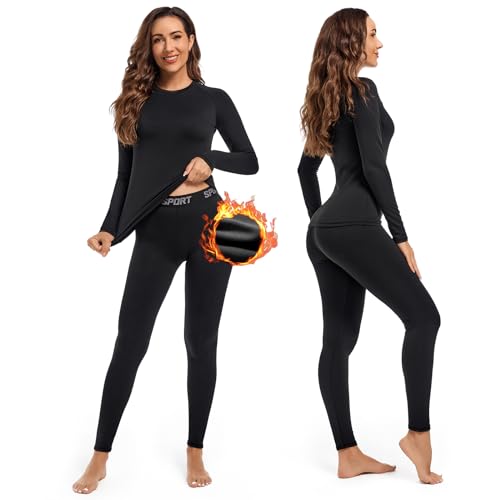 Leeboom Thermounterwäsche Damen Atmungsaktiv Funktionsunterwäsche Damen Warm und Flexibel Skiunterwäsche Damen Set mit Innenfleece für zu Hause und Wintersport (Schwarz, XL) von Leeboom