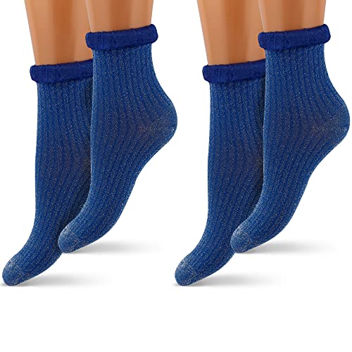 Leedya 2 Paar transparente Damen-Socken aus Nylon, transparent, kurz, elegant, mit verschiedenen Mustern und Mustern, Spitze, Einheitsgröße, 2 Paar Blau 1 Glitter, 35-40 von Leedya