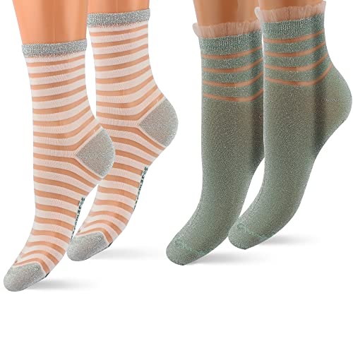 Leedya 2 Paar transparente Damen-Socken aus Nylon, transparent, kurz, elegant, mit verschiedenen Mustern und Mustern, Spitze, Einheitsgröße, 2 Paar Weiß und Grün, 35-40 von Leedya