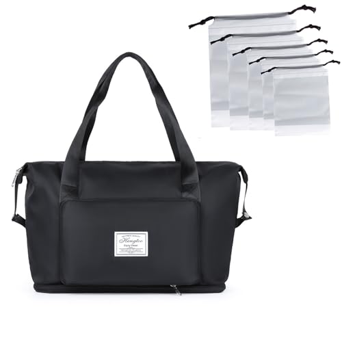 Leeko Fordable Sport Traveling Organizer Duffel Bag mit 5 PCS Transparent Frosted Drawstring Kordelzug Tasche für Gym Sport Verwendung und Kurze Reise (Schwarz) von Leeko