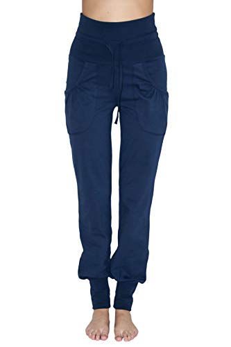 Leela Cotton Damen Yogahose Hose Bio-Baumwolle Freizeithose Sporthose Umschlagbund (M, Navy) von Leela Cotton