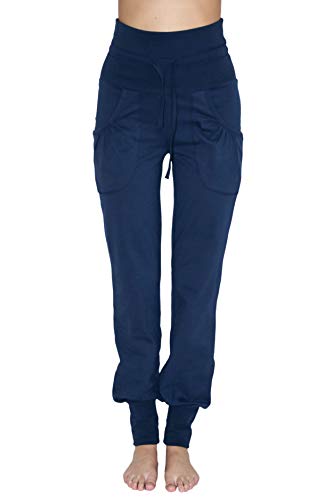 Leela Cotton Damen Yogahose Hose Bio-Baumwolle Freizeithose Sporthose Umschlagbund (XL, Navy) von Leela Cotton