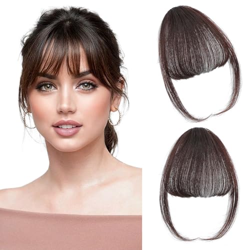 Clip-On Pony, 100 % Echthaar, Pony, falscher Pony, Clip-On-Pony, für Frauen, dunkles Braun, Clip-in-Haarverlängerung für den täglichen Gebrauch (Dunkelbraun, Pony) von Leelebamo