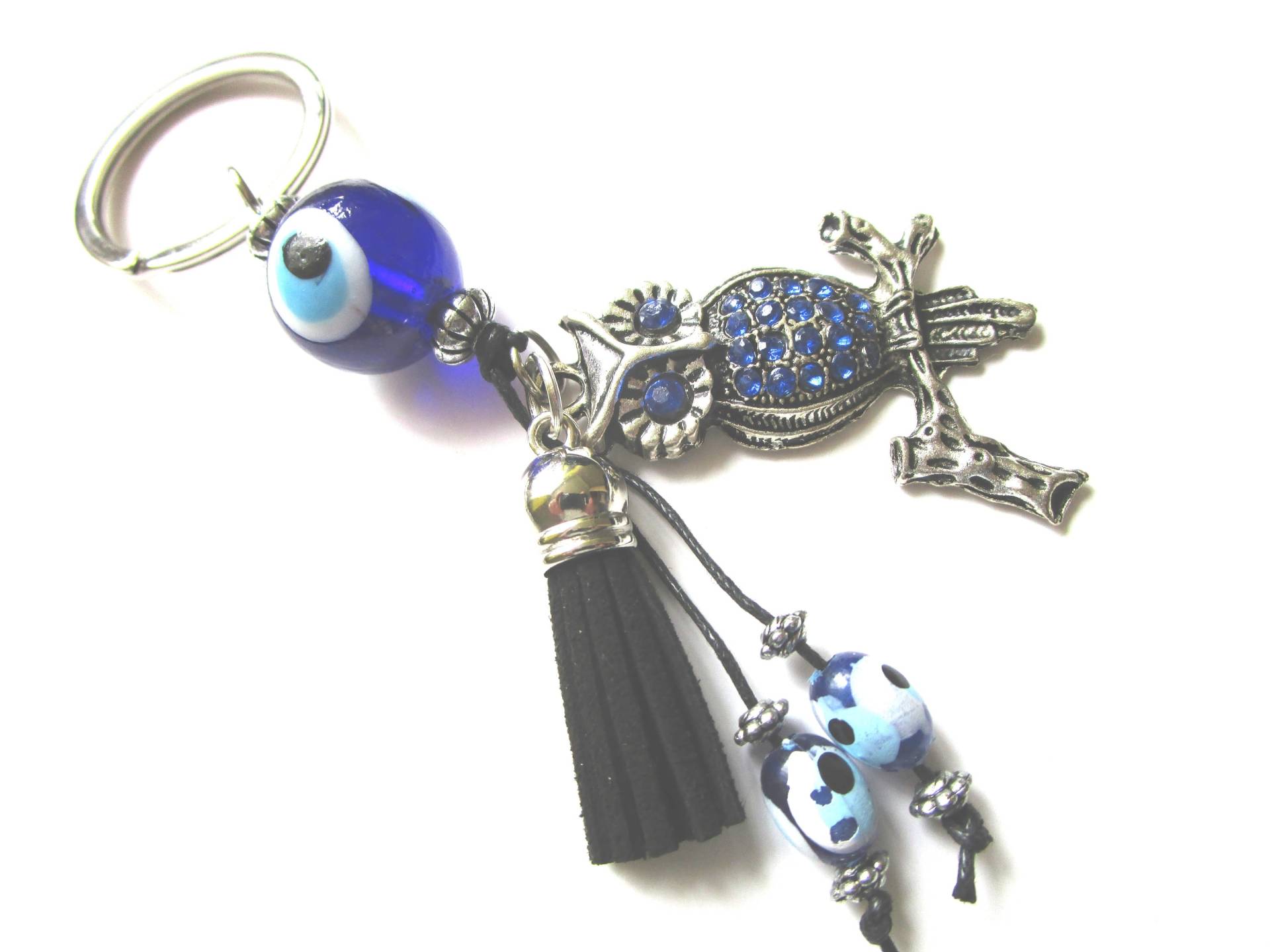 Blaue Eule Blau Auge Charme Schlüsselanhänger - Schwarze Leder Quaste Blaue Böser Blick Schlüssel Blaue Eule Blau Auge Charme Schlüsselanhänger - Schwarze Leder Quaste Blaue Böser Blick Schlüssel von LeeliaSupplyVintage