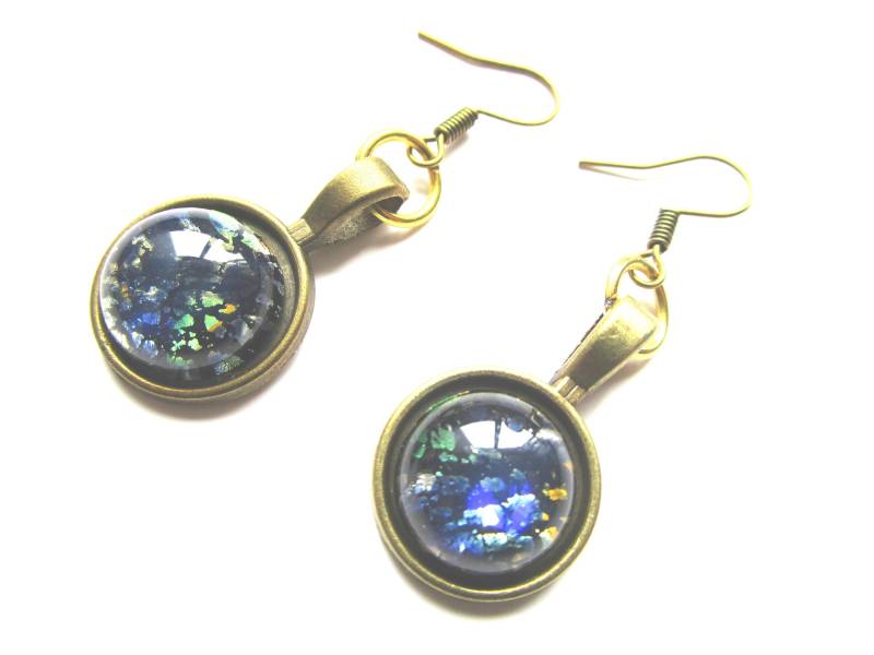 Bronze Nickelfrei Blau Gold Galaxie Ohrringe - Edelstahl Haken Blaugold Schmuck Glas Cabochon Bronze Nickelfrei Blau Gold Galaxie Ohrringe - Edelstahl Haken Blaugold Schmuck Glas Cabochon von LeeliaSupplyVintage