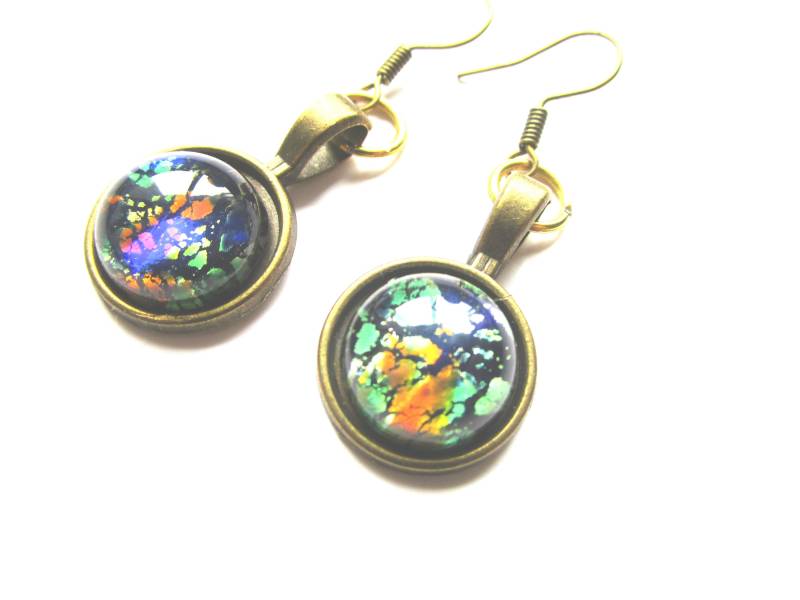 Bronze Nickelfrei Blau Gold Galaxie Ohrringe - Edelstahl Haken Blaugold Schmuck Glas Cabochon Bronze Nickelfrei Blau Gold Galaxie Ohrringe - Edelstahl Haken Blaugold Schmuck Glas Cabochon von LeeliaSupplyVintage