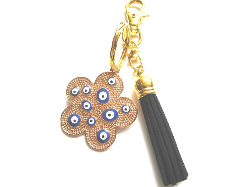 Gold Ton Blau Böse Blick Blume Schlüsselanhänger - Schwarze Leder Quaste Geldbörse Charme Böser Gänseblümchen Gold Ton Blau Böse Blick Blume Schlüsselanhänger - Schwarze Leder Quaste Geldbörse Charme Böser Gänseblümchen von LeeliaSupplyVintage