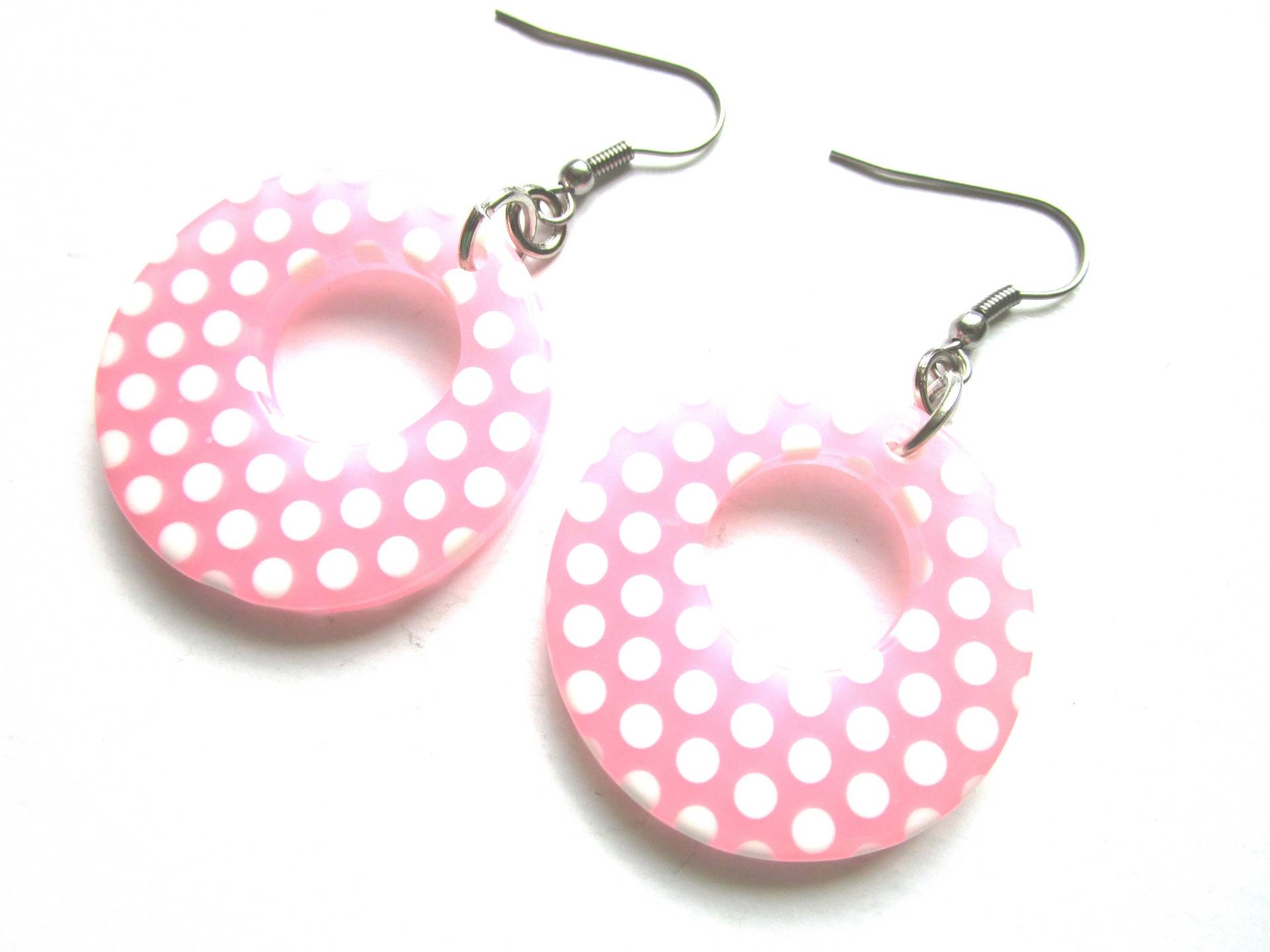 Runde Polka Dot Ohrringe, Baumeln, Weiße Ohrring, Runde Rosa Nickel Frei Ohrring, Stahl Runde Polka Dot Ohrringe, Baumeln, Weiße Ohrring, Runde Rosa Nickel Frei Ohrring, Stahl von LeeliaSupplyVintage