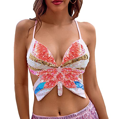 Leemiman Frauen Pailletten Schmetterling Crop Tops Bauchtanz Kostüm Top Party Club Sexy Top (Rose) von Leemiman