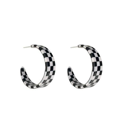 Leeniuniu Einzigartige Schachbrett-inspirierte geometrische Ohrringe mit C-Kreis, minimalistisches kariertes Design, baumelnde Ohrringe für Frauen, Party-Schmuck, Large, Metall, Kein Edelstein von Leeniuniu