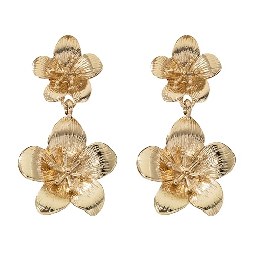 Leeniuniu Goldene große Doppel-Blumen-Ohrstecker für Damen, Boho-Statement-Emaille, Blumen-Hängeohrringe, Partyschmuck, Large, Metall, Kein Edelstein von Leeniuniu