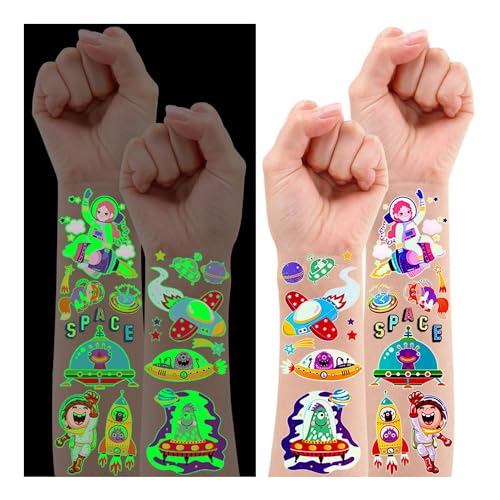 120 Stück Weltraum Tattoo Kinder, Leesgel Leucht Weltraum Tattoo Kindertattoos Kinder Tattoo Aufkleber Kinder Temporäre Tattoo für Kinder Sticker, Mitgebsel Kindergeburtstag Deko Party Geschenke Junge von Leesgel