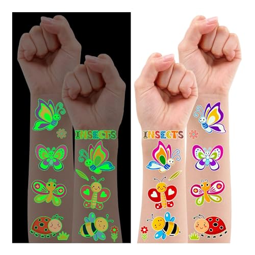 120 Stück Leucht Tattoo Kinder, Leesgel Insekten Schmetterling Tattoo Kindertattoos Kinder Tattoo Aufkleber Kinder Temporäre Tattoo für Kinder Sticker, Mitgebsel Kindergeburtstag Deko Party Geschenke von Leesgel