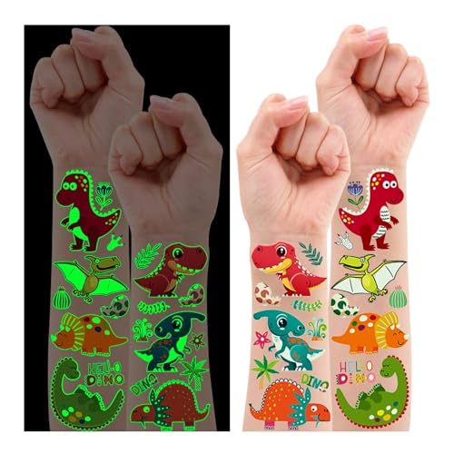 Leesgel 120 Stück Dino Tattoo Kinder, Leucht Dinosaurier Kindertattoos Kinder Tattoo Aufkleber Kinder Temporäre Tattoos für Kinder Sticker, Mitgebsel Kindergeburtstag Deko Party Geschenke Jungen von Leesgel