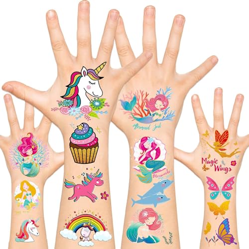 Leesgel Tattoo Kinder Mädchen, 49 Stile Metallic Glitzer Temporäre Tattoo Mädchen Einhorn Meerjungfrau Schmetterling Fee Regenbogen, Mitgebsel Kindergeburtstag Geburtstagsdeko Mädchen Festival tattoo von Leesgel