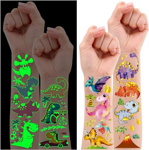 Leesgel 20 Blatt Dinosaurier Tattoo Kinder, Leuchtend Glitzer Kindertattoos Dino Tattoo Kinder Jungen Dinosaurier Spielzeug, Geburtstagsgeschenk Jungen Kindergeburtstag Gastgeschenke Deko Dino Party von Leesgel