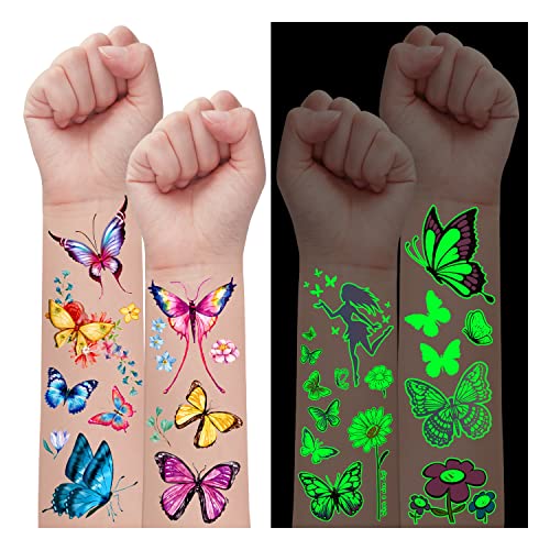 Leesgel 24 Blätter Leuchtende Schmetterling Tattoo, Kinder Tattoo Mädchen Kindertattoo Aufkleber für Kindergeburtstag Mädchen, Schmetterlings Geschenke Mädchen Spielzeug Geburtstagsdeko Mädchen Kinder von Leesgel