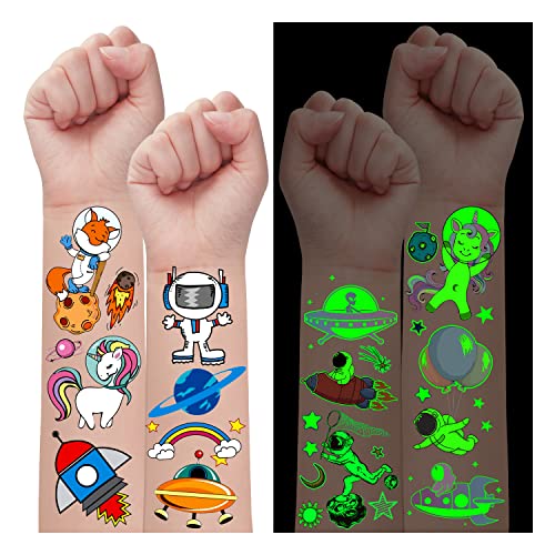 Leesgel 24 Blätter Tattoo Jungen Weltraum, Leuchtende Weltraum Kindertattoos Aufkleber Kinder Tattoo für Weltraum Kindergeburtstag Gastgeschenke, Weltraum Geschenk Kinder Jungen Planeten Spielzeug von Leesgel