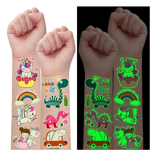 Leesgel 24 Blätter Tattoo Kinder Jungen Mädchen, Leuchtende Tattoo Aufkleber Kinder Tattoo Sticker mit Dino und Einhorn, Mitgebsel Kindergeburtstag Deko Geburtstagsmitbringsel Jungen Geschenke Mädchen von Leesgel