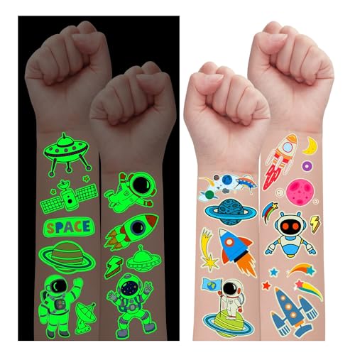 Leesgel 30 Blätter Weltraum Tattoo Kinder, Leucht Weltraum Temporäre Tattoos Aufkleber Kinder Tattoo Sticker Kindertattoos, Weltraum Kindergeburtstag Gastgeschenke Planeten Deko Weltraum Spielzeug von Leesgel