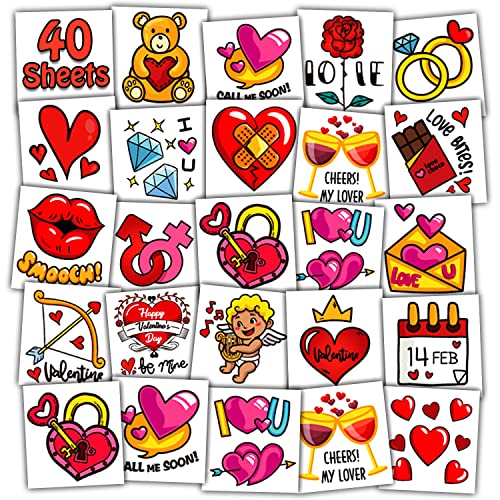 Leesgel 40 Blätter Tattoo Kinder Valentinstag Deko, Individuell Verpackte Temporäre Tattoos Kinder Mädchen mit Blumen Lippen Liebe Herz Aufkleber, Hochzeit Deko Gastgeschenke Valentinstag Geschenke von Leesgel