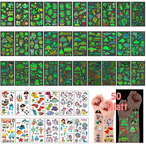 50 Blätter Tattoo Kinder, Leesgel Leucht Tattoo Aufkleber Kinder Gemischt Kindertattoos Temporäre Tattoo Sticker Kinder, Party Mitgebsel Kindergeburtstag Jungen Geschenke Party Deko Zubehör Spielzeug von Leesgel