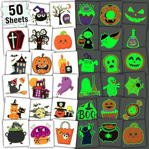 Leesgel 50 x Halloween Tattoo Kinder Party Deko, Glow Halloween Temporäre Tattoo Aufkleber Kürbis/Süßigkeiten/Fledermaus/Spinne, Halloween Dekoration Süßigkeiten Geschenke Spiele Preise Spielzeug von Leesgel