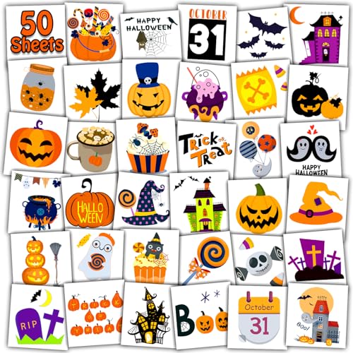 Leesgel 50 x Temporäre Tattoo Kinder Halloween Dekoration, Halloween Kürbis/Süßigkeiten/Fledermaus/Spinne Tattoo Aufkleber für Jungen Mädchen, Halloween Deko Zubehör Geschenke Pinata Spielzeug Spiele von Leesgel